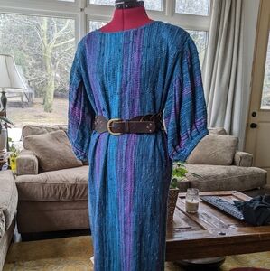 Vintage 80s beautiful bohemian woven dress - medium - teal/purple
